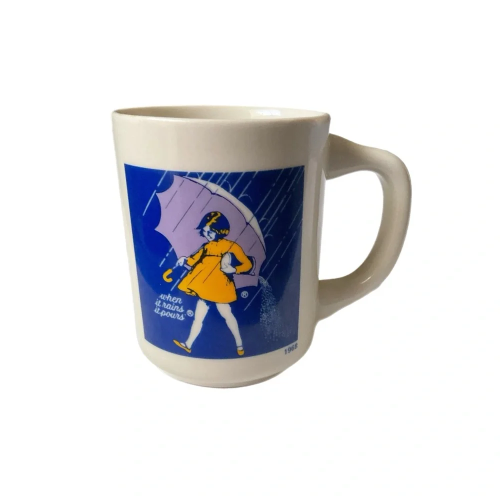 “When It Rains It Pours” White Blue Yellow Coffee Mug Set 1914 1921 1968